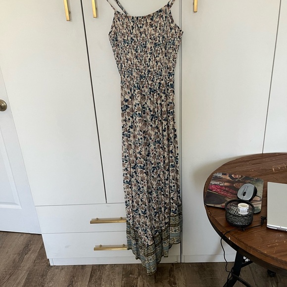 Angie Smocked sundress blue, green, white Floral, ruffle angled hem.Maxi boho S - Picture 2 of 8